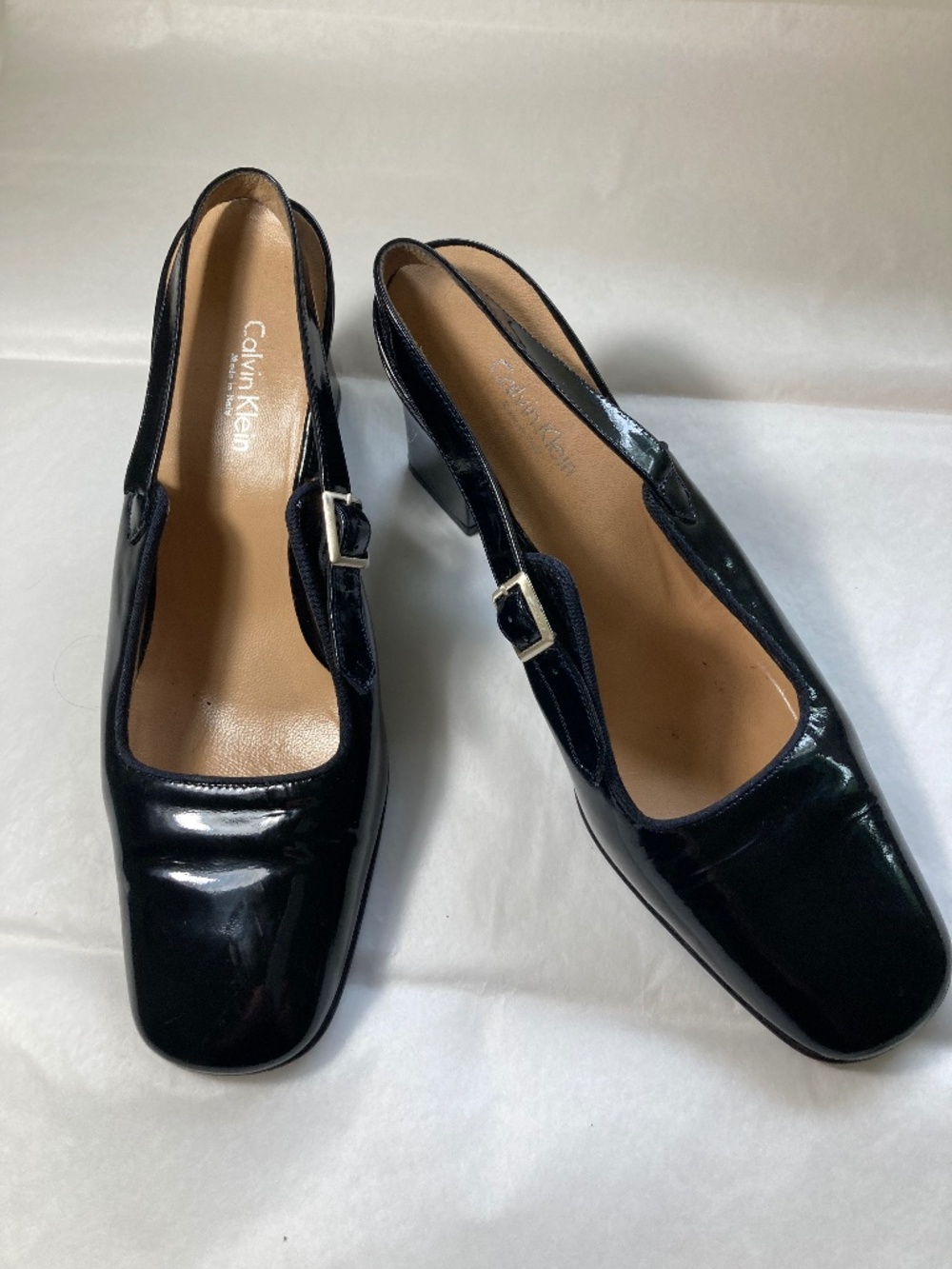 Calvin Klein S6 Slingback Patent Leather Block Heel Pumps - silver strap buckle
